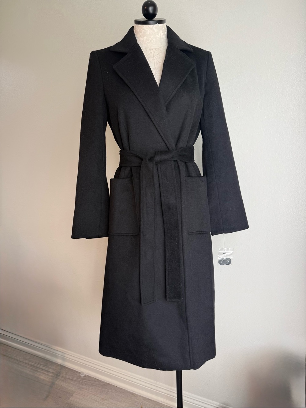 NWT Sam Edelman Black Belted Wrap Trench Coat Jacket Patch Pocket Size 2 XS Wool